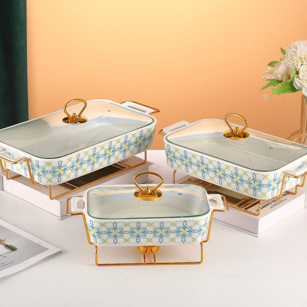 Керамическая форма для выпечки в винтажном стиле с набивным рисунком и чугунным нагревательным элементом (семейный набор из трех предметов)