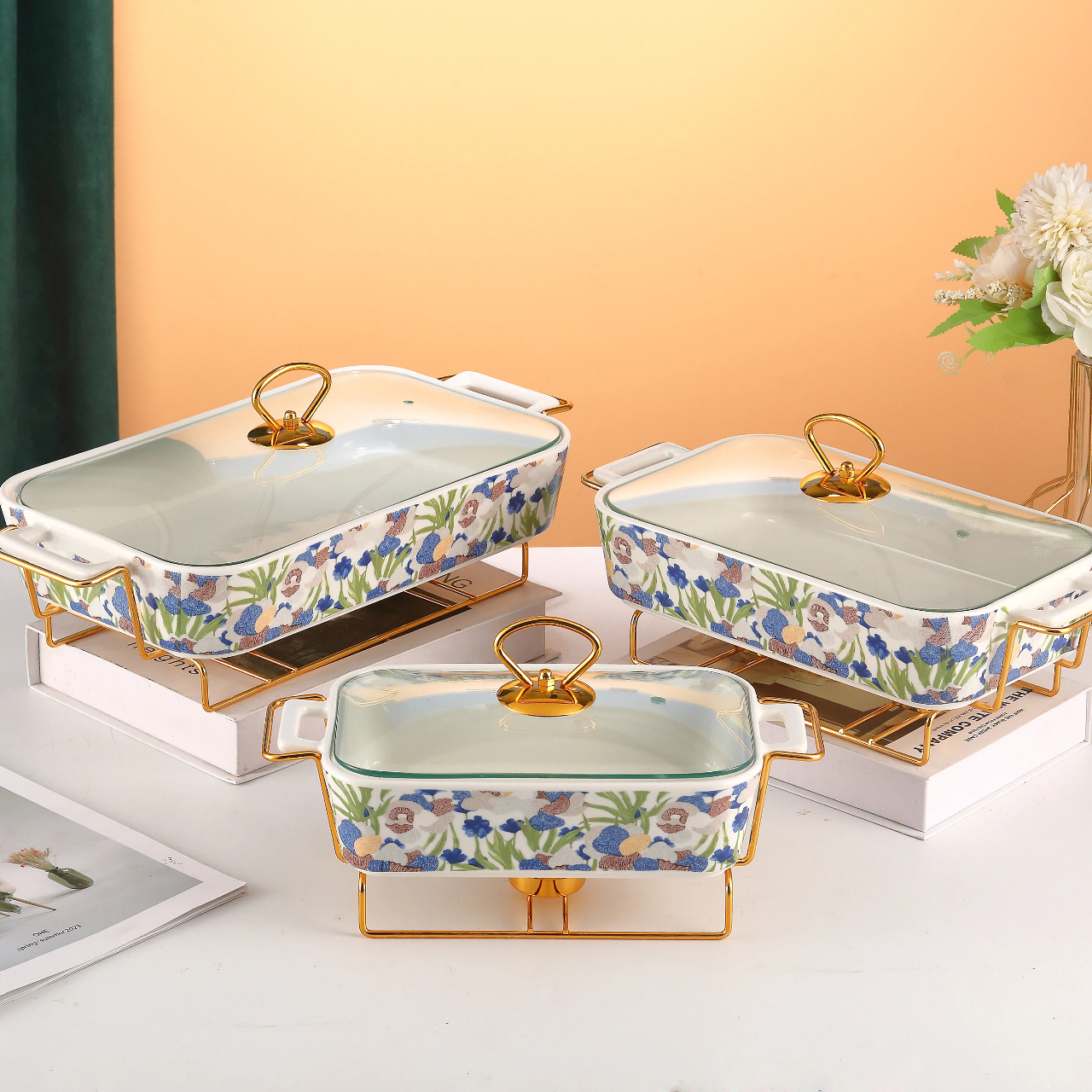 Керамическая форма для выпечки в винтажном стиле с набивным рисунком и чугунным нагревательным элементом (семейный набор из трех предметов)