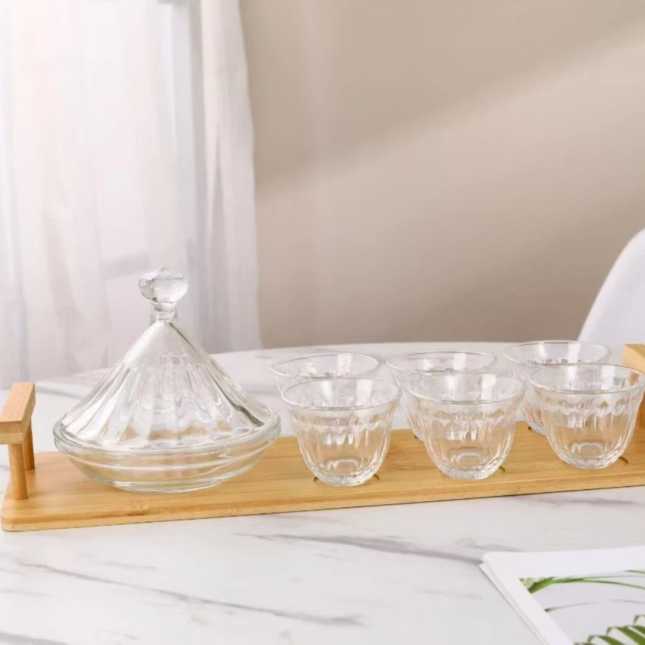 Высококачественная прозрачная однотонная тарелка для закусок и фруктов с кружкой, деревянный поднос