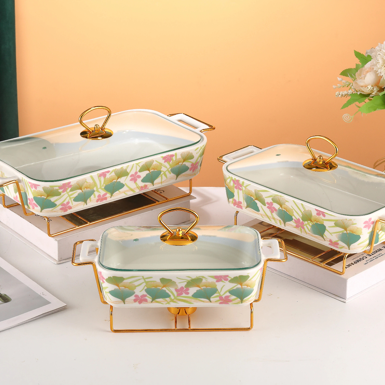 Керамическая форма для выпечки в винтажном стиле с набивным рисунком и чугунным нагревательным элементом (семейный набор из трех предметов)