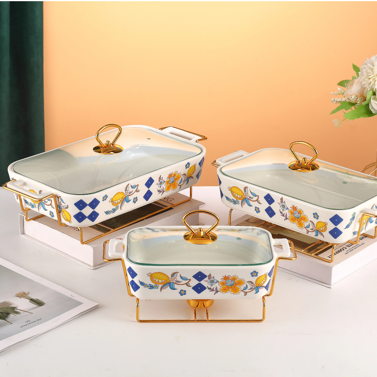 Керамическая форма для выпечки в винтажном стиле с набивным рисунком и чугунным нагревательным элементом (семейный набор из трех предметов)