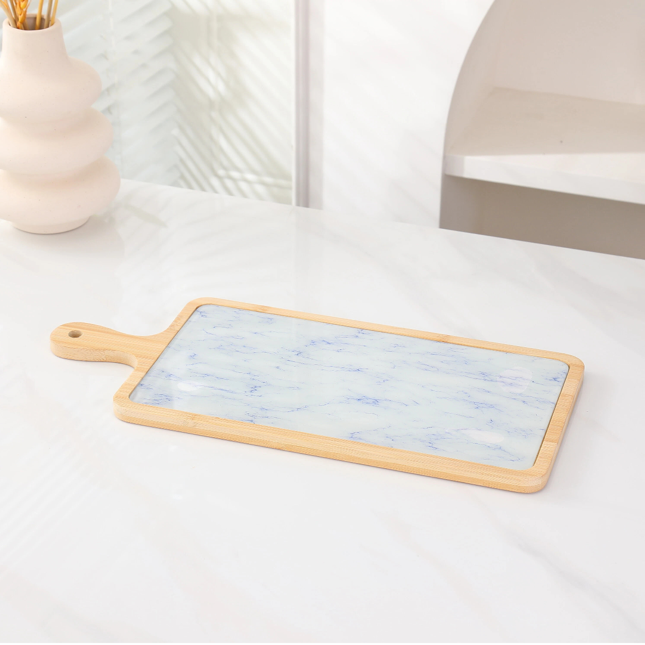 Оптовая продажа высококачественных керамических подносов с бамбуковой окантовкой, подносов для послеобеденного чая и теплоизолирующих ковриков.