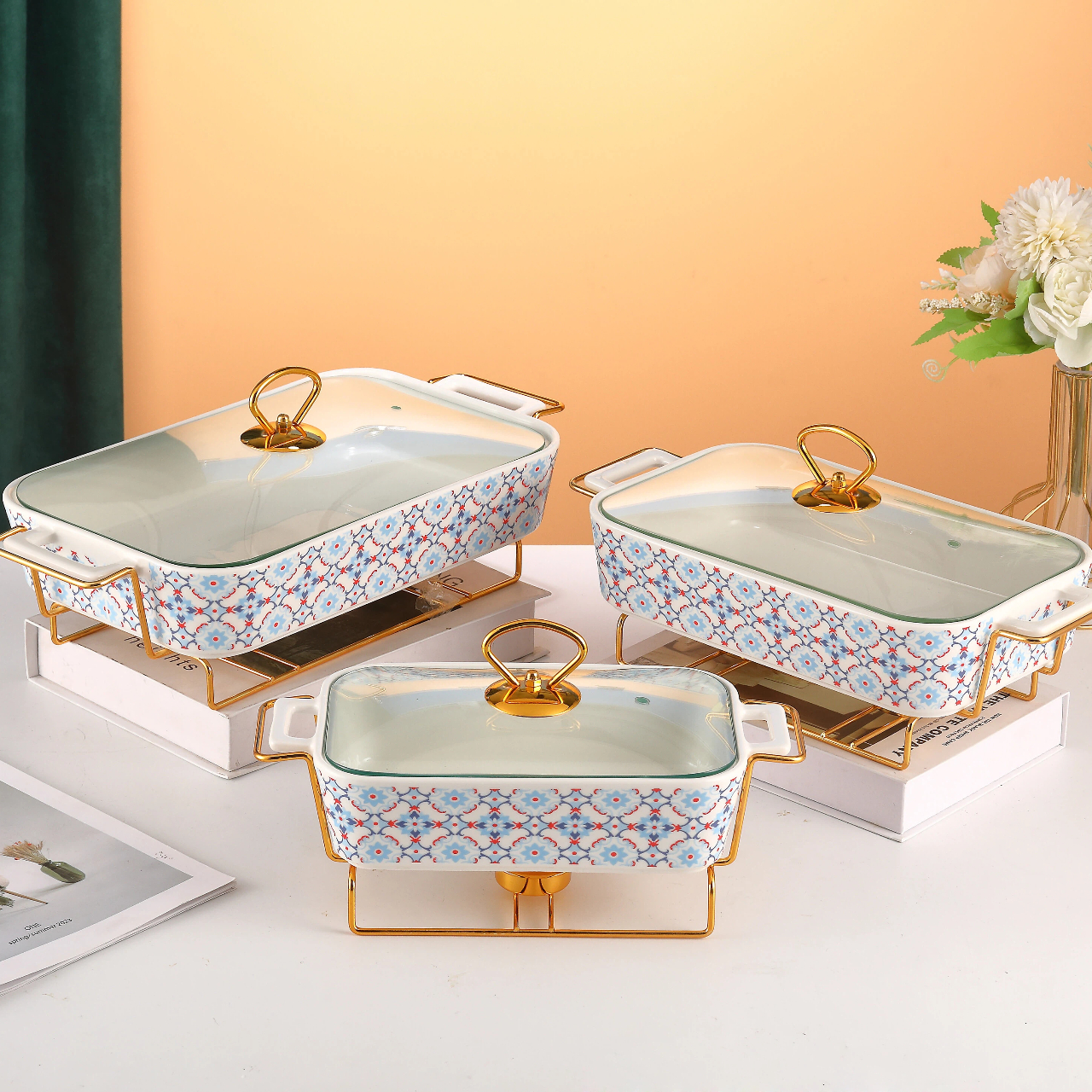 Керамическая форма для выпечки в винтажном стиле с набивным рисунком и чугунным нагревательным элементом (семейный набор из трех предметов)