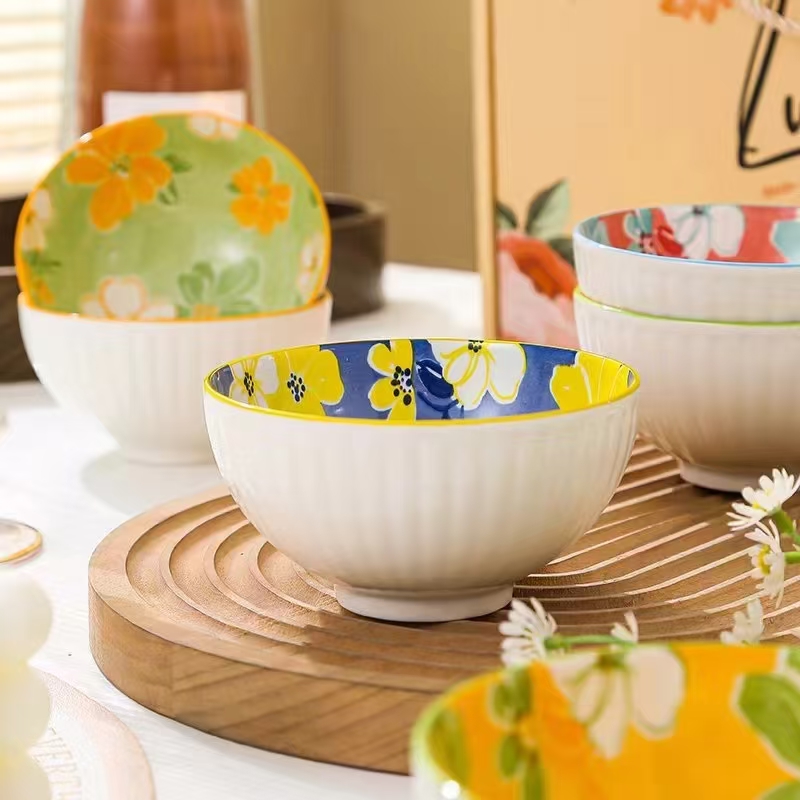 Высокотемпературная керамическая миска для риса с полосатым узором, доступна в 4 цветовых вариантах, упакована в подарочную коробку.