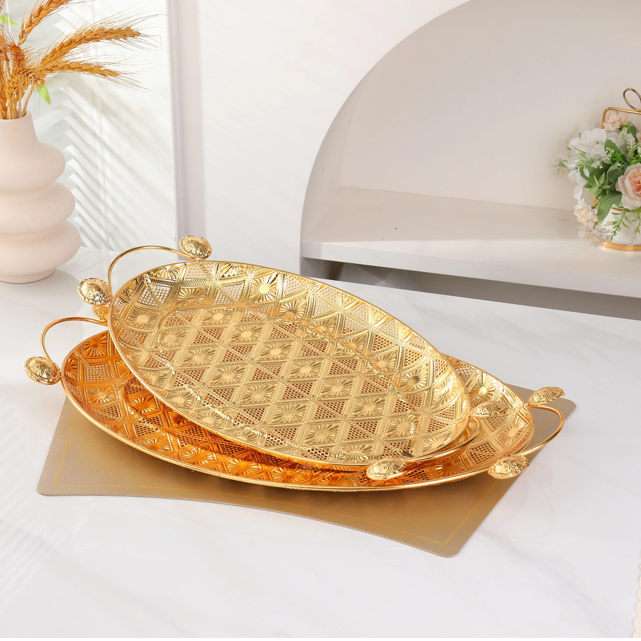 Роскошный позолоченный зеркальный лоток для хранения косметики и украшение для фруктового подноса