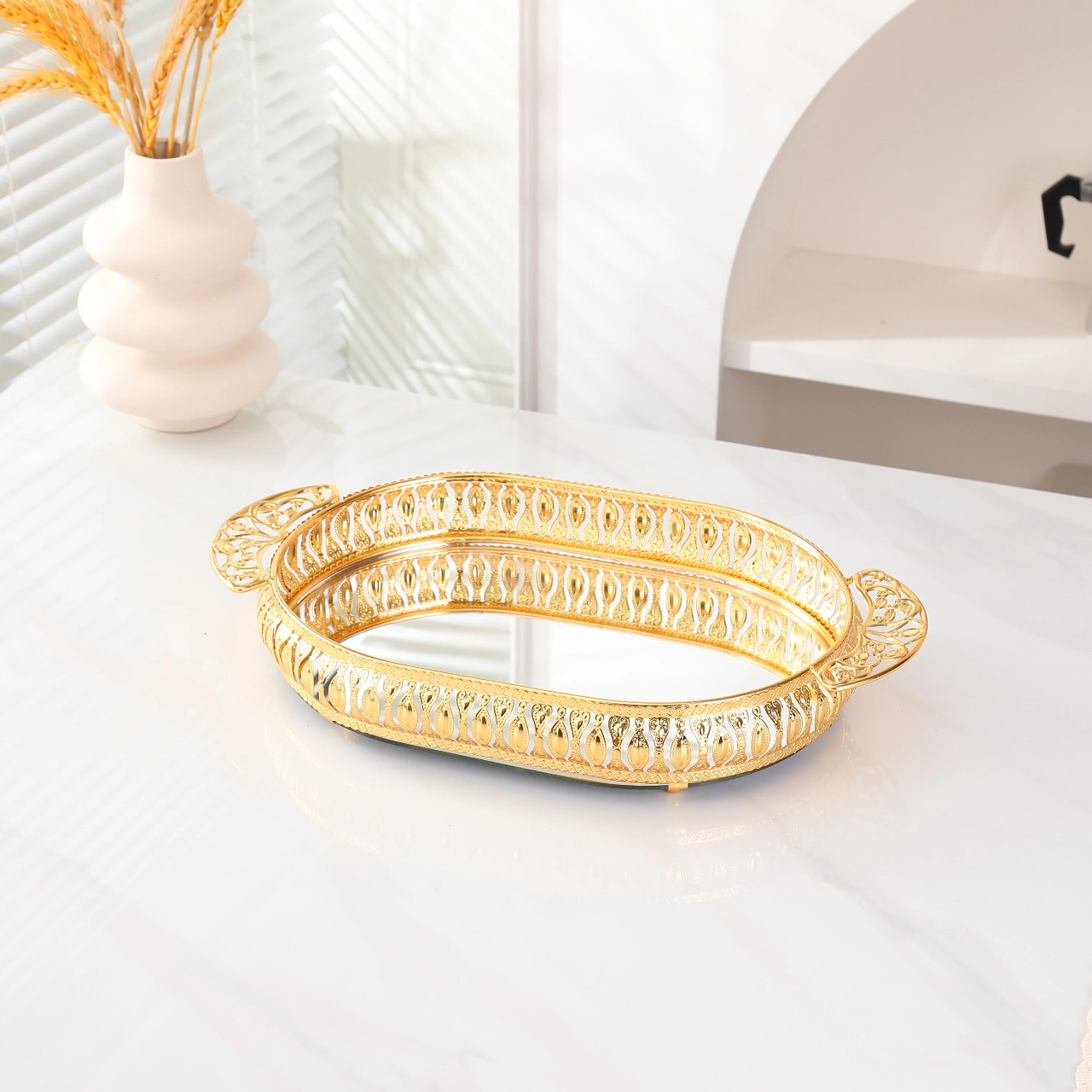 Роскошный позолоченный зеркальный лоток для хранения косметики и украшение для фруктового подноса