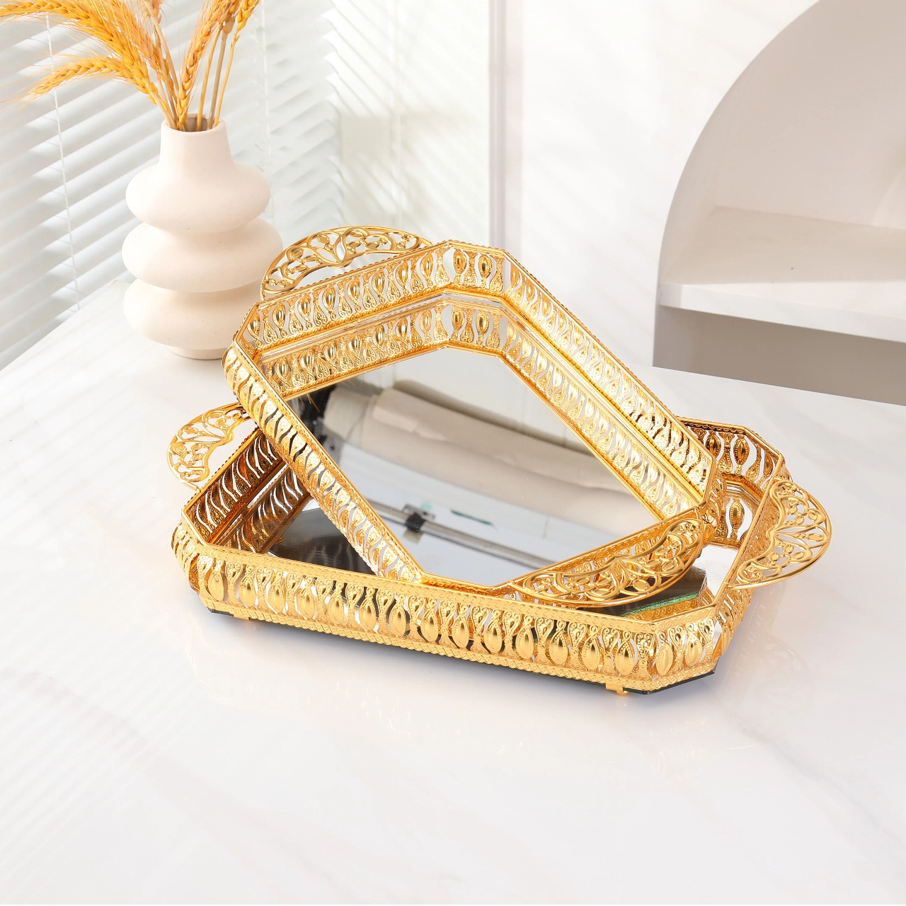Роскошный позолоченный зеркальный лоток для хранения косметики и украшение для фруктового подноса