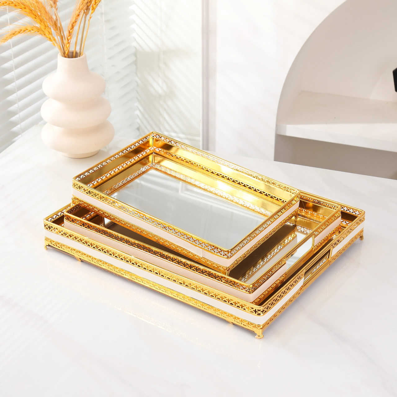 Роскошный позолоченный зеркальный лоток для хранения косметики и украшение для фруктового подноса