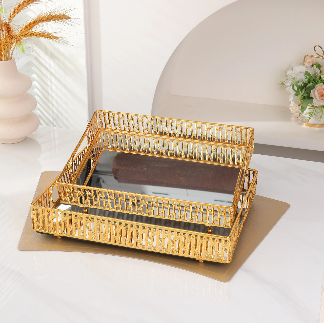 Роскошный позолоченный зеркальный лоток для хранения косметики и украшение для фруктового подноса