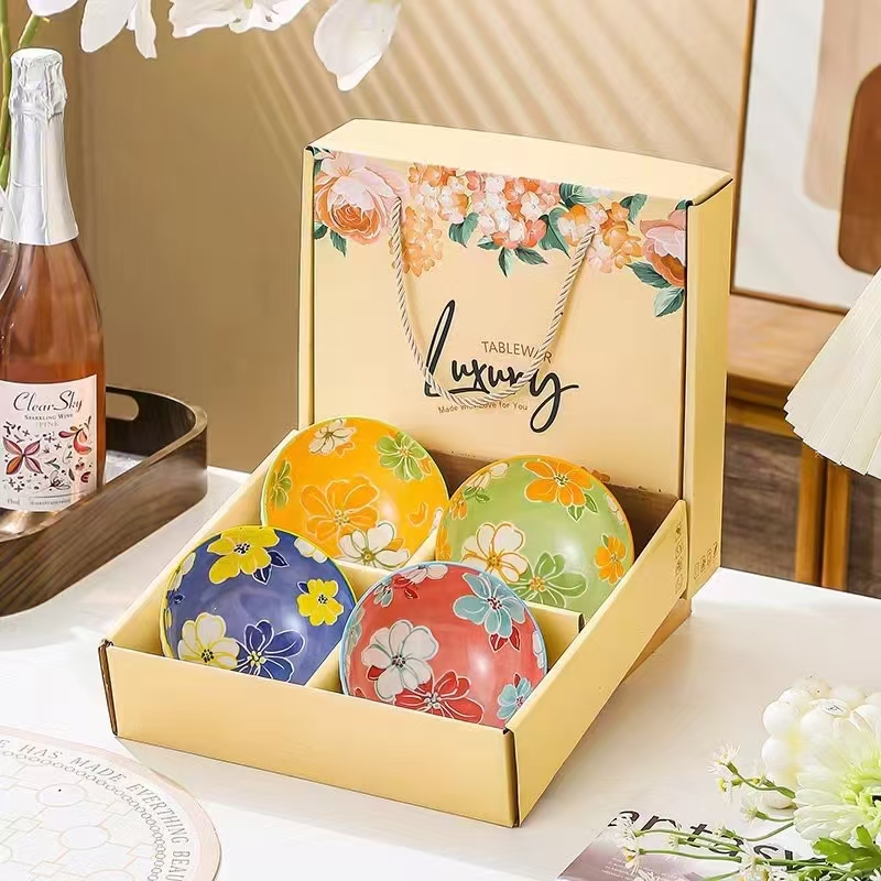 Высокотемпературная керамическая миска для риса с полосатым узором, доступна в 4 цветовых вариантах, упакована в подарочную коробку.