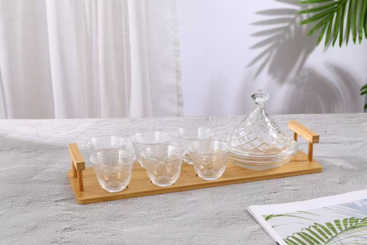 Высококачественная прозрачная однотонная тарелка для закусок и фруктов с кружкой, деревянный поднос