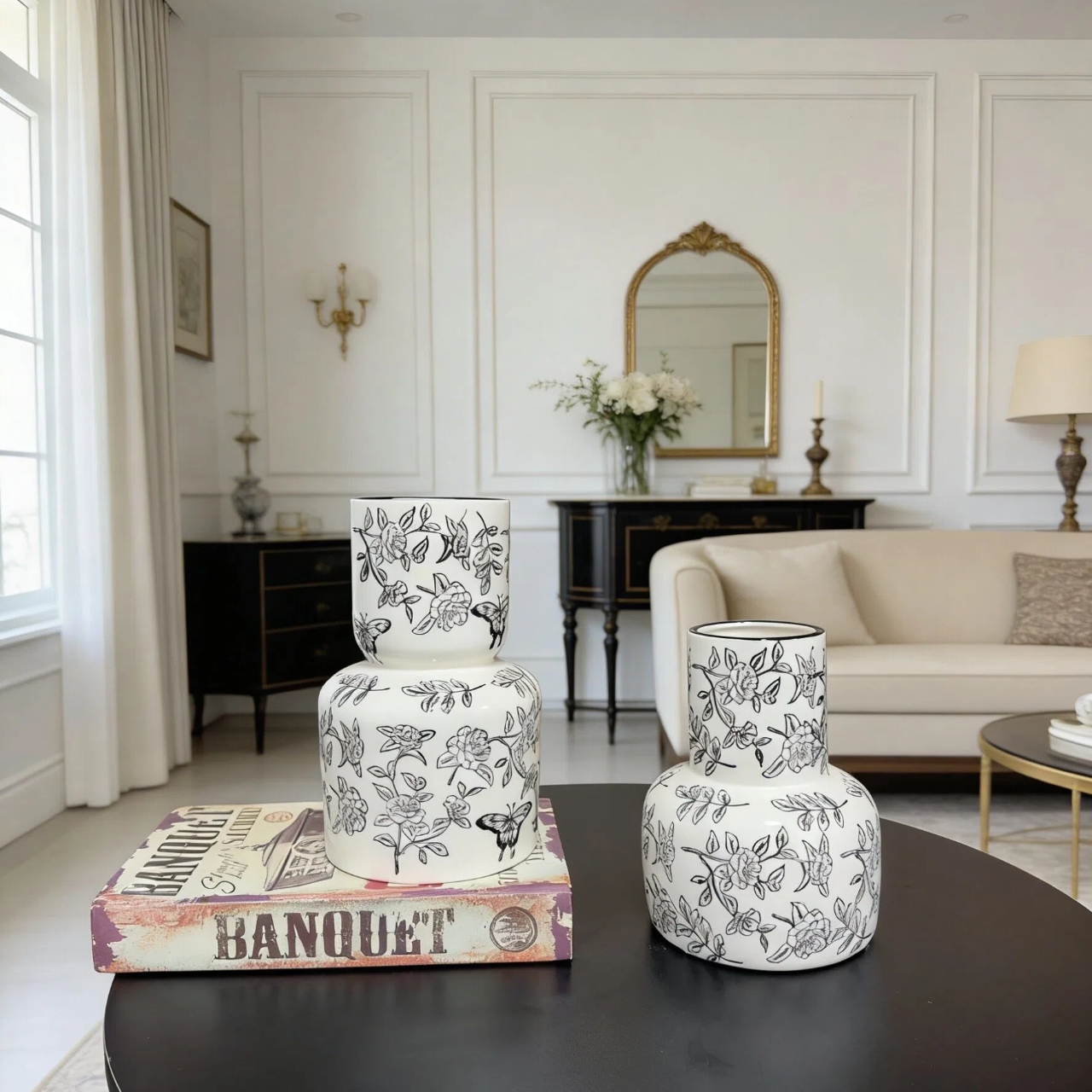 Элегантная керамическая ваза в стиле ретро с цветочным орнаментом, большого объема.