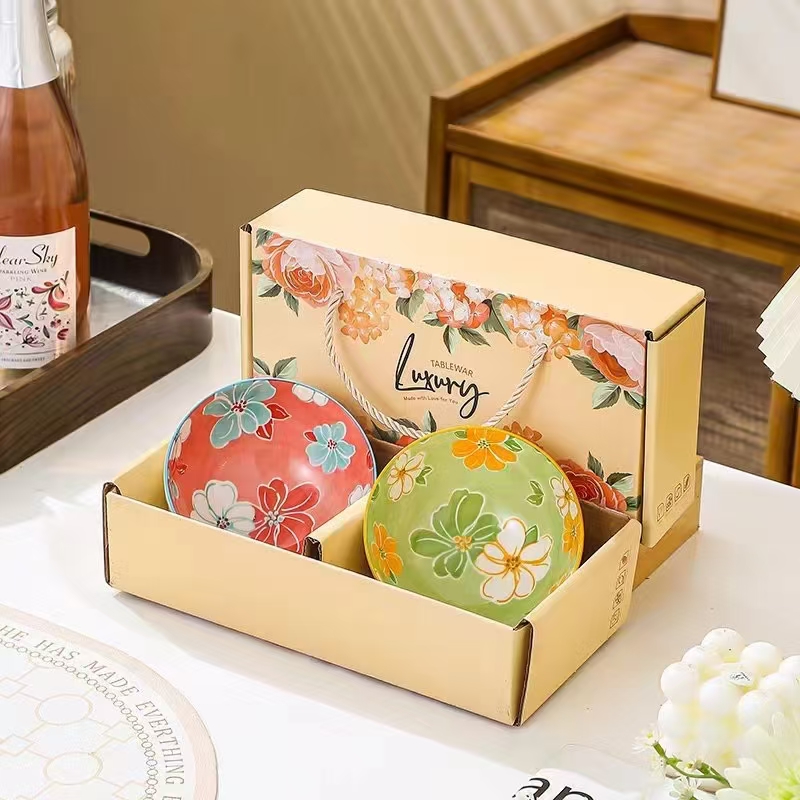 Высокотемпературная керамическая миска для риса с полосатым узором, доступна в 4 цветовых вариантах, упакована в подарочную коробку.