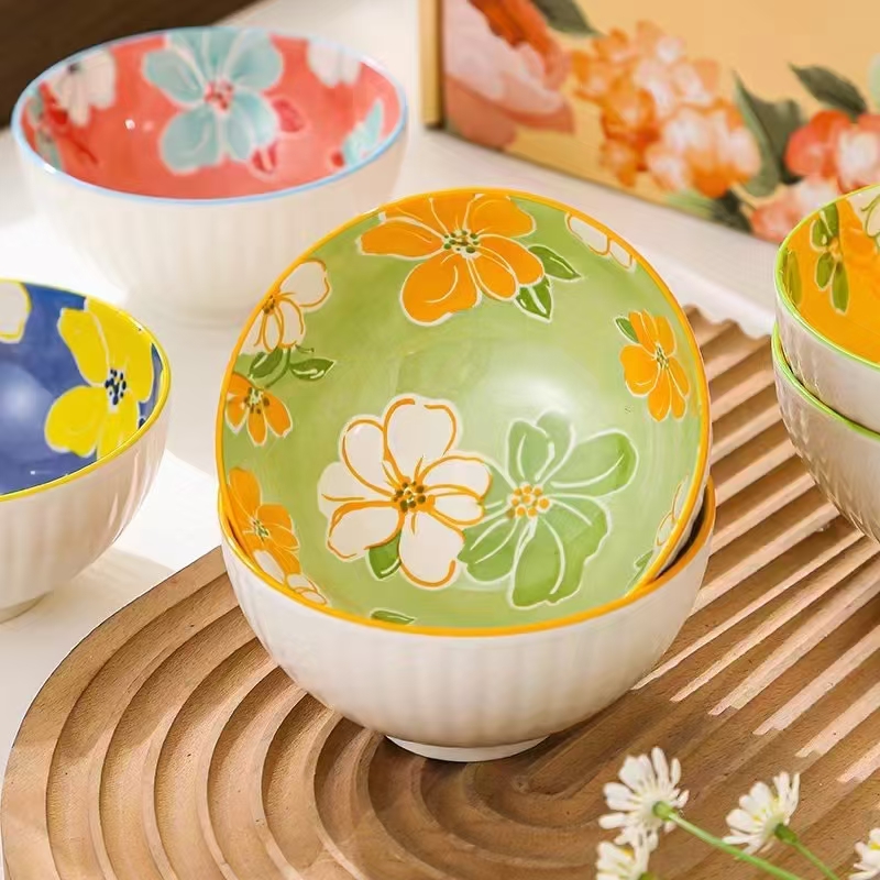 Высокотемпературная керамическая миска для риса с полосатым узором, доступна в 4 цветовых вариантах, упакована в подарочную коробку.