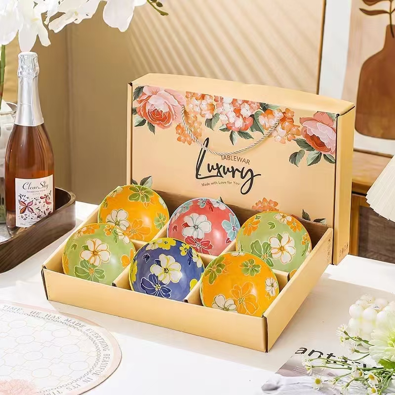 Высокотемпературная керамическая миска для риса с полосатым узором, доступна в 4 цветовых вариантах, упакована в подарочную коробку.