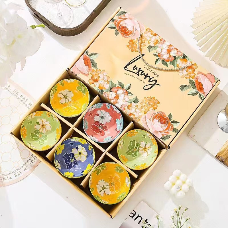 Высокотемпературная керамическая миска для риса с полосатым узором, доступна в 4 цветовых вариантах, упакована в подарочную коробку.