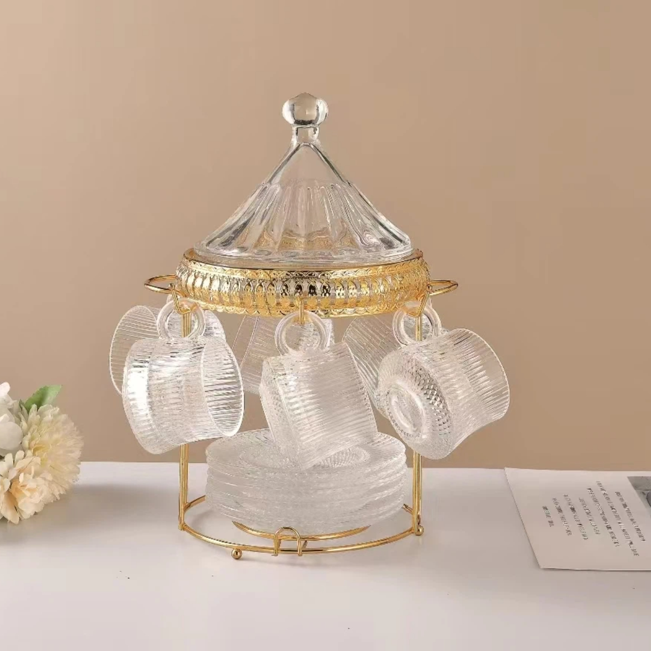 Железная стойка для подвешивания стеклянной кофейной чашки с крылом и подносом для закусок