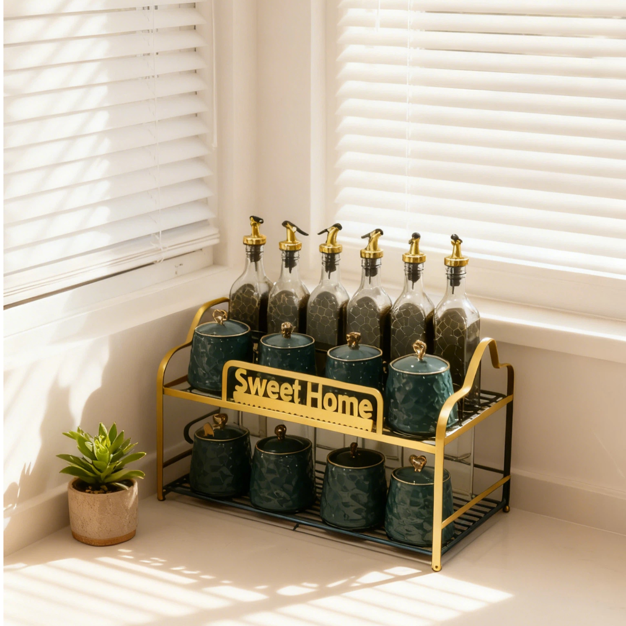 Двухслойная керамическая баночка для специй с подставкой для организации и хранения кухонных принадлежностей, минималистичный стиль, изумрудно-зеленый цвет.