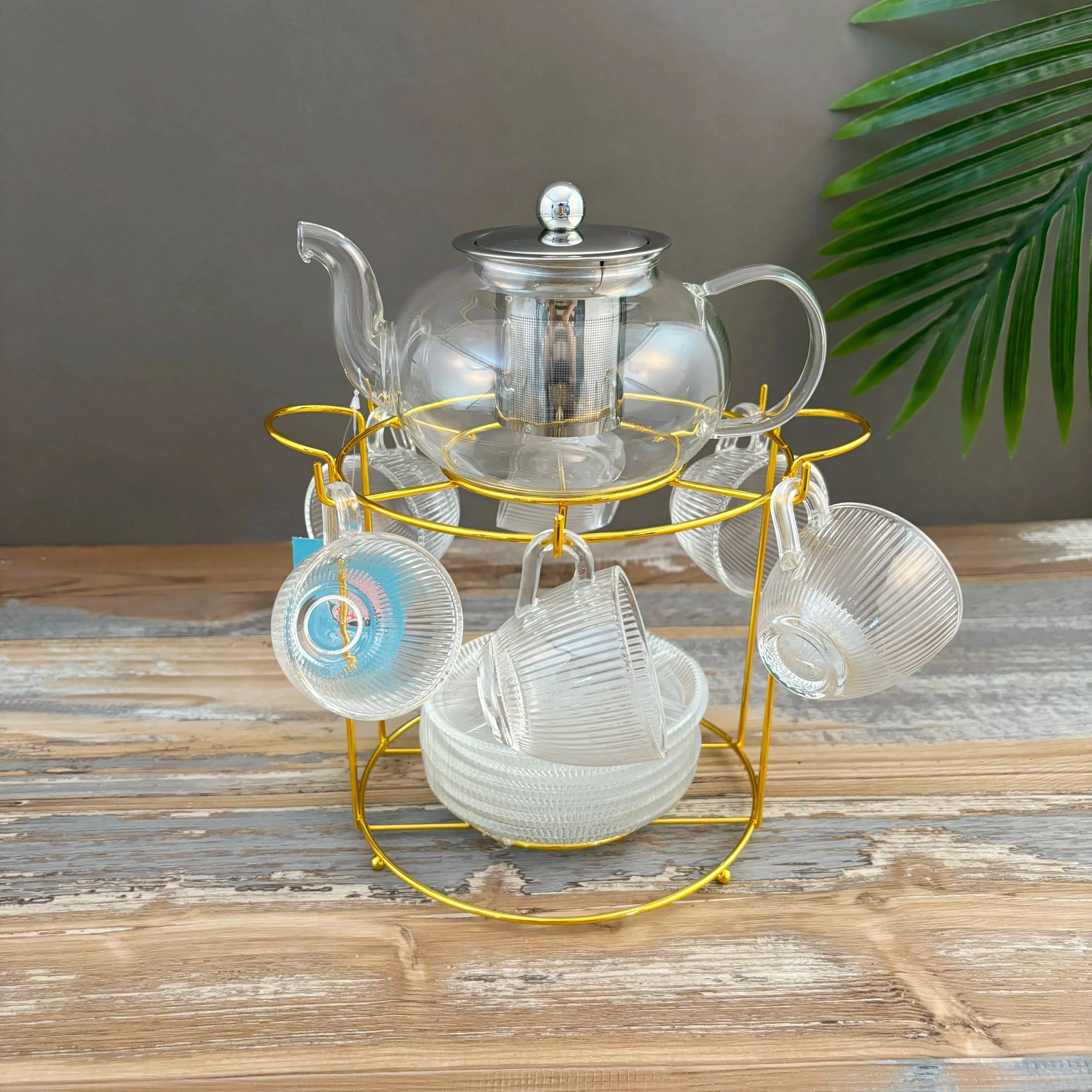 Набор стеклянных кофейных чашек с подставкой для слива