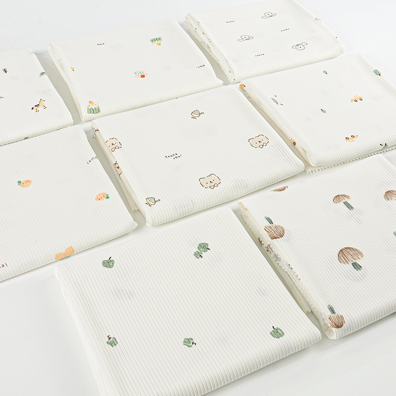 JY8055 Эластичная ребристая трикотажная ткань из полиэстера плотностью 220 г с принтом, мультяшный рисунок, для домашнего белья, базовый слой, артикул