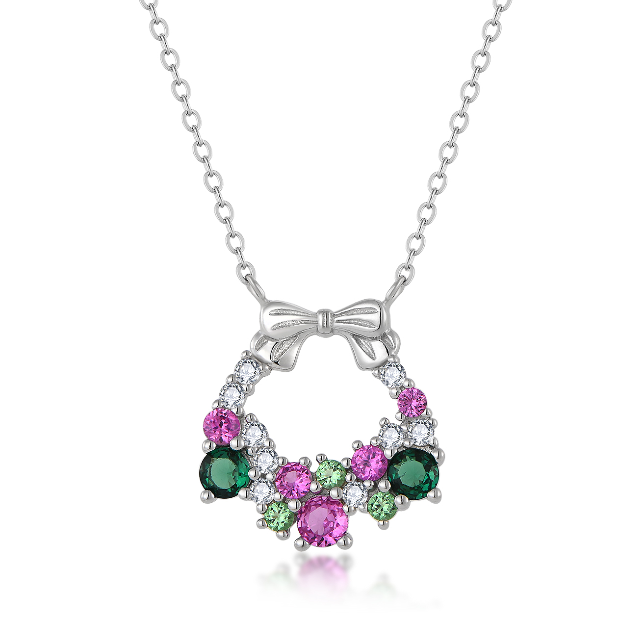 Серебряное колье с рождественским венком и красными, зелёными и розовыми цирконами | Праздничная подвеска для женщин