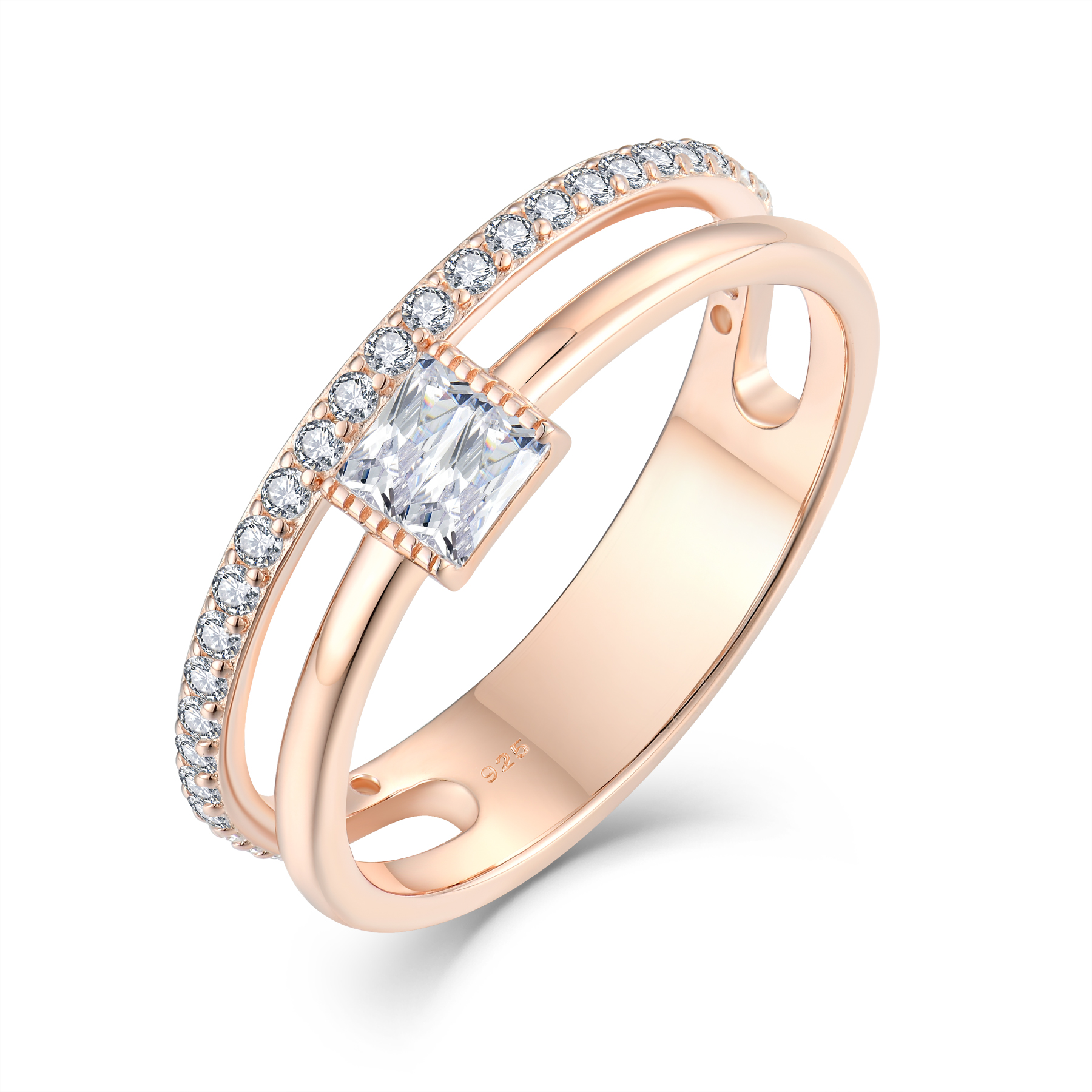 Кольцо-бенд из серебра 925 пробы с багетными и паве фианитами, покрытие 18К золотом, сверкающее кольцо для наслаивания, популярный дизайн на российском рынке