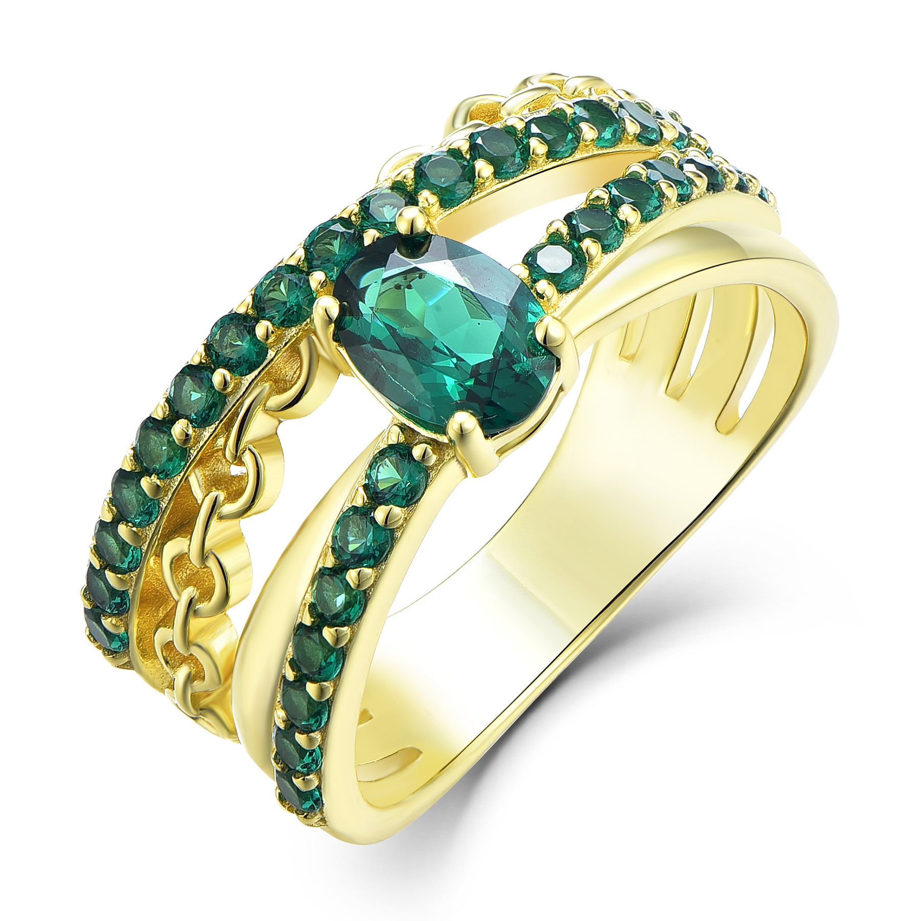 Кольцо с цепочным дизайном и изумрудом из серебра 925 пробы | Позолота 18К | OEM и индивидуальное изготовление украшений | Производство на профессиональной ювелирной фабрике в Китае