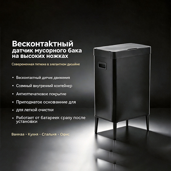 Бесконтактный мусорный бак на высоких ножках – современное решение для гигиены вашего дома
