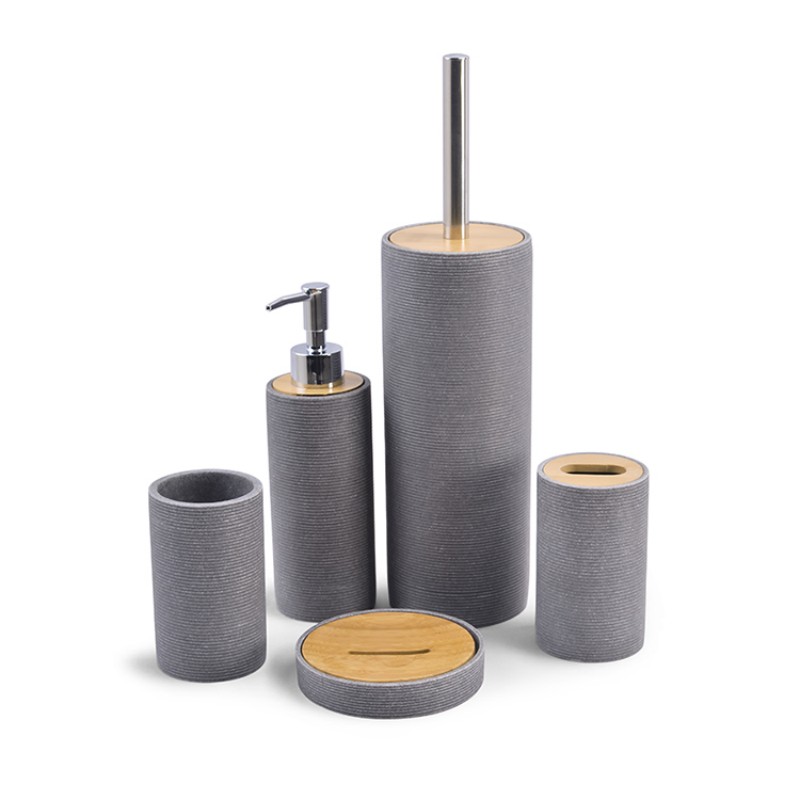 Набор аксессуаров для ванной комнаты в скандинавском стиле (5 предметов) — минималистичный дизайн из смолы и дерева, идеально подходящий для современного интерьера