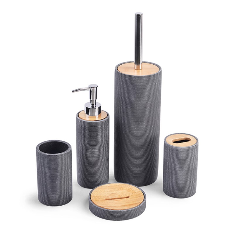 Набор аксессуаров для ванной комнаты в скандинавском стиле (5 предметов) — минималистичный дизайн из смолы и дерева, идеально подходящий для современного интерьера