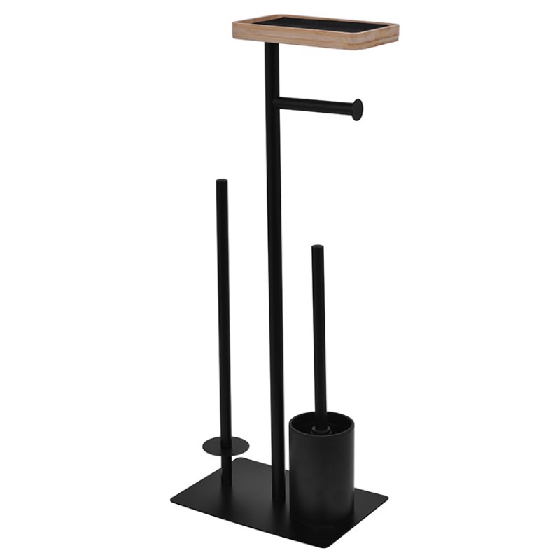 Напольный держатель для туалетной бумаги с полкой и ершиком, металл + дерево, минимализм
