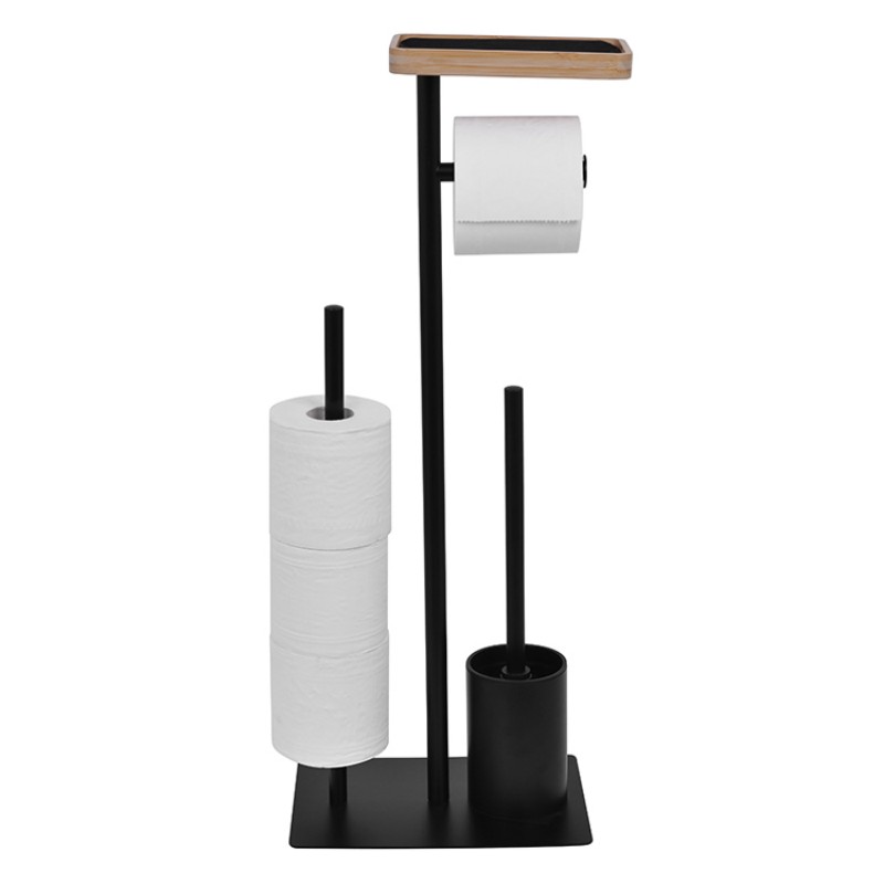 Напольный держатель для туалетной бумаги с полкой и ершиком, металл + дерево, минимализм