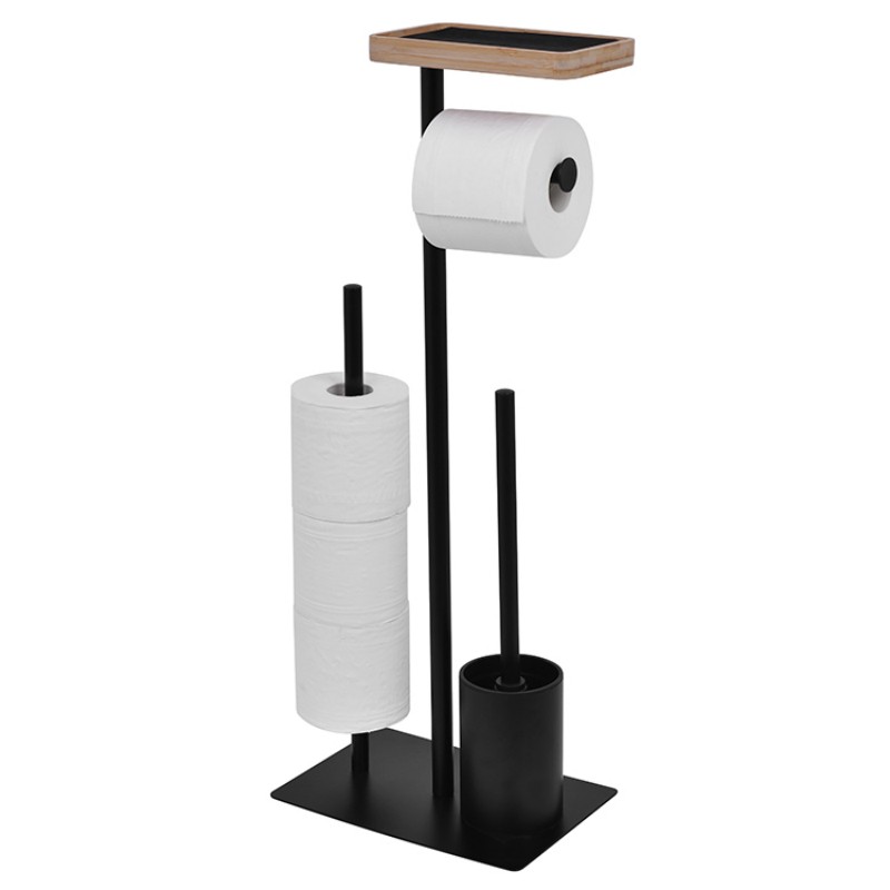 Напольный держатель для туалетной бумаги с полкой и ершиком, металл + дерево, минимализм