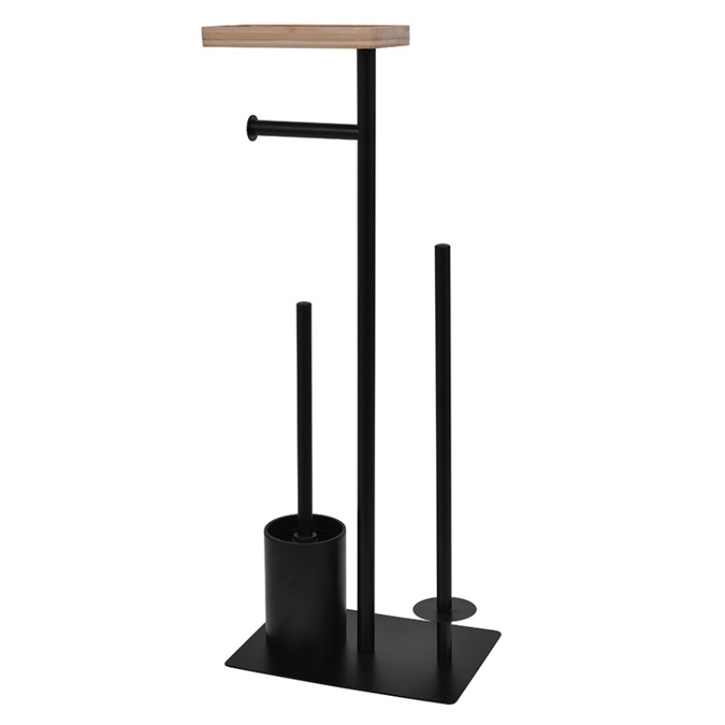 Напольный держатель для туалетной бумаги с полкой и ершиком, металл + дерево, минимализм