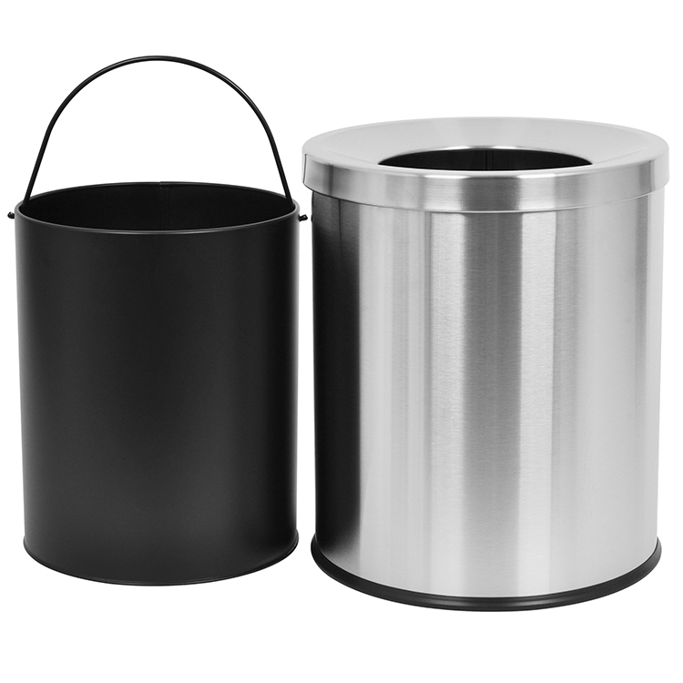 Урна для мусора 12л из нержавеющей стали, круглая, с воронкообразным открытым входом, шлифованная, со съемным внутренним ведром, с резиновым основанием, для офиса, кухни, отеля
