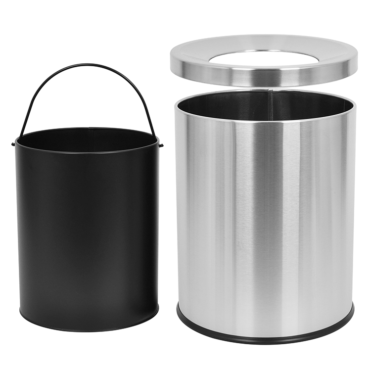 Урна для мусора 12л из нержавеющей стали, круглая, с воронкообразным открытым входом, шлифованная, со съемным внутренним ведром, с резиновым основанием, для офиса, кухни, отеля