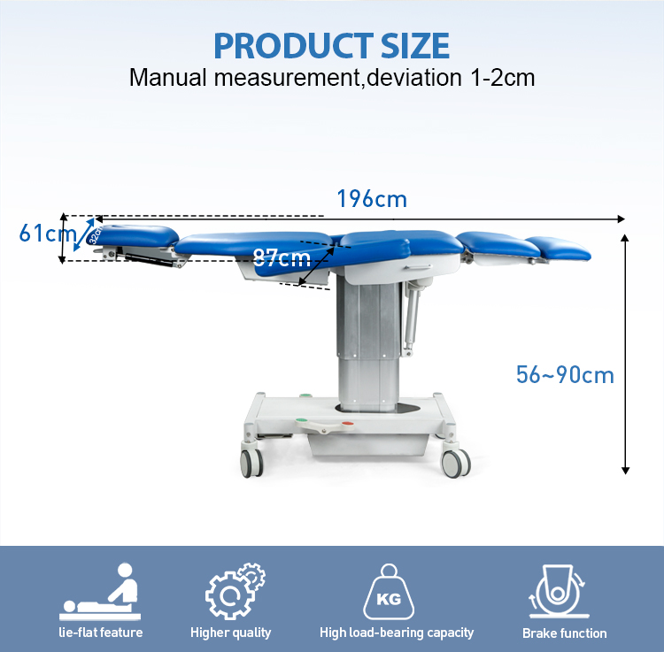 Размеры электрической медицинской кушетки DP-LLC507, длина 196 см, регулируемая высота от 56 до 90 см, высокая грузоподъемность