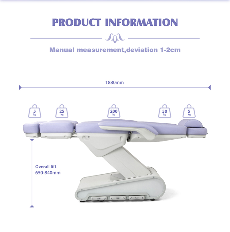 Размеры M12A2-4J: длина 1880 мм, общий подъем по высоте 650–840 мм (электрическая кушетка для косметологии)