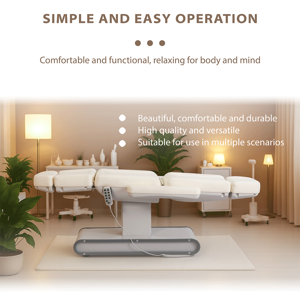 Электрическая косметологическая кушетка DP-L437 в интерьере салона красоты: тихий подъём, простое управление и комфорт для клиента во время процедур