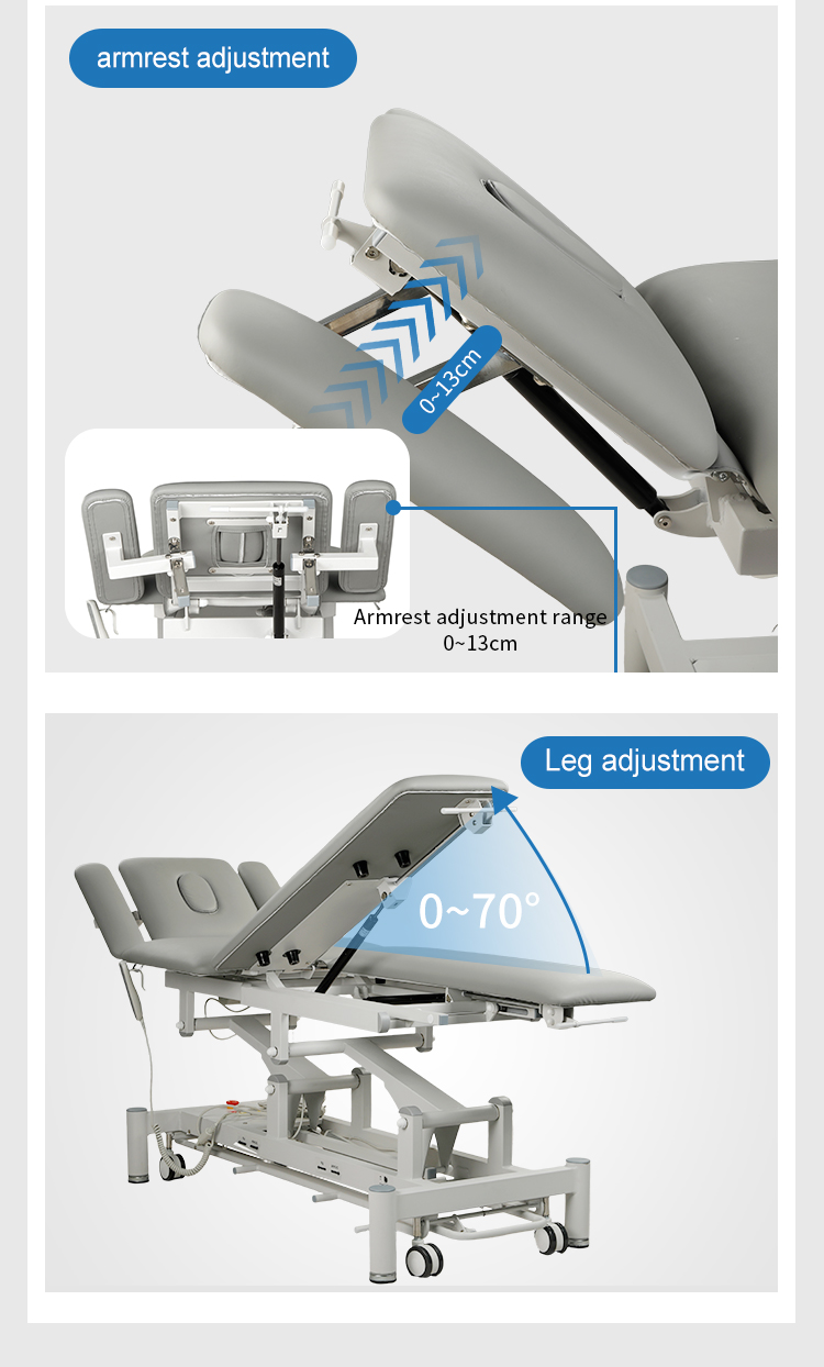 Регулируемые подлокотники (0–13 см) и подъем ножного сегмента (0–70°) — для комфорта пациента
