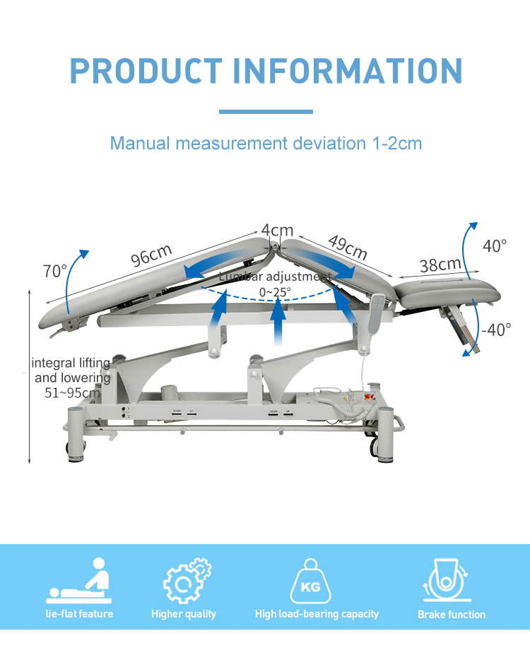 Размеры кровати DP-LLC206: регулировка высоты 51–95 см, наклон спинки до 70°, функции подъема и фиксации