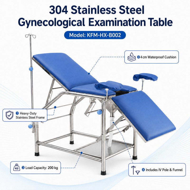 KFM-HX-B002 304 stainless steel gynecological examination table with blue waterproof cushions, includes IV pole and funnel, heavy-duty frame, load capacity 200 kg, professional medical table for clinics