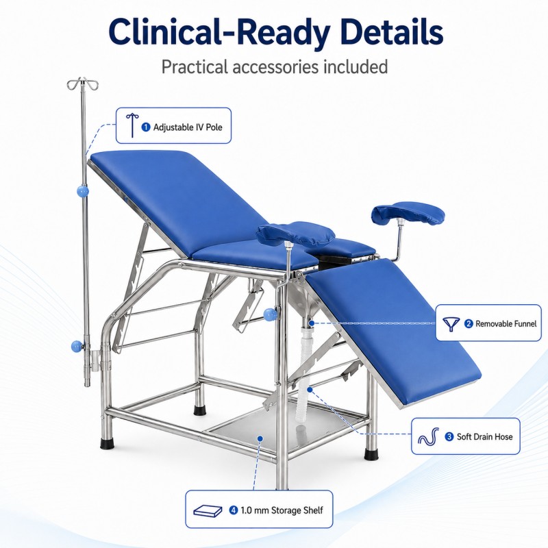 KFM-HX-B002 gynecological examination table with practical accessories including adjustable IV pole, removable funnel, soft drain hose, 1.0 mm stainless steel storage shelf, ready for clinical use