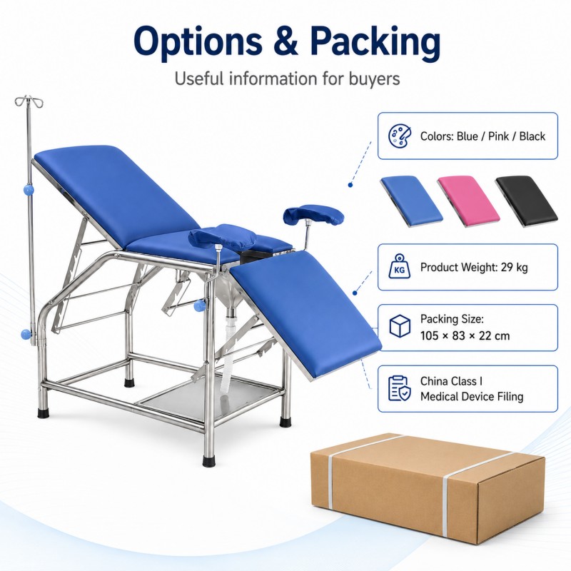KFM-HX-B002 gynecological table color options blue, pink, black, product weight 29 kg, packing size 105 x 83 x 22 cm, China Class I medical device filing, professional stainless steel examination table