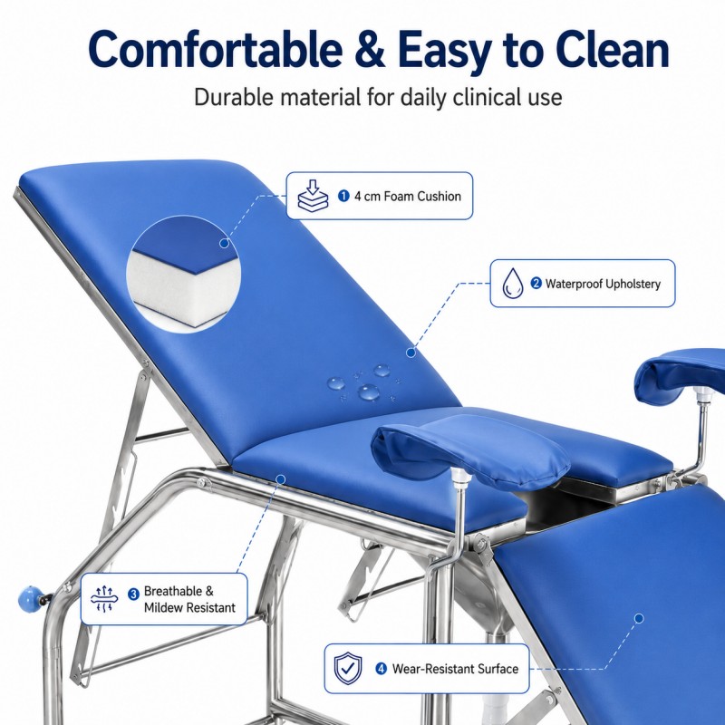 Blue 4 cm foam cushion of KFM-HX-B002 gynecological table, waterproof upholstery, breathable and mildew resistant, wear-resistant surface, professional medical examination table for clinics and hospitals