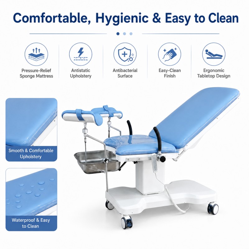 KFM-LK-FK001 medical examination table with easy-clean antibacterial blue mattress, soft foam cushion, anti-static surface and clinical hygiene design