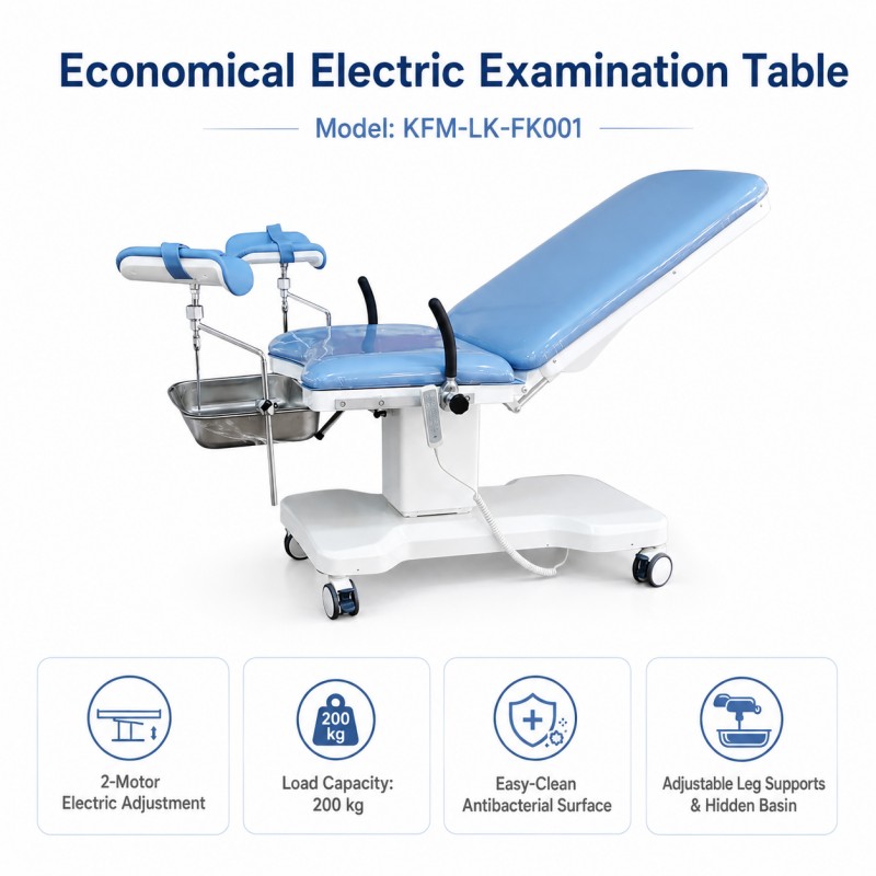 KFM-LK-FK001 electric gynecological examination table with blue mattress, 2-motor adjustment, 200 kg load capacity, adjustable leg supports and hidden stainless steel basin