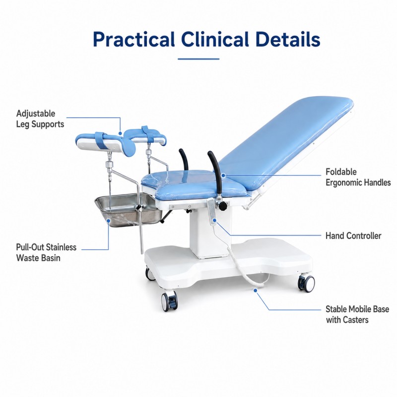 KFM-LK-FK001 gynecological examination chair with adjustable leg supports, foldable ergonomic handles, hand controller, pull-out stainless steel waste basin and mobile caster base