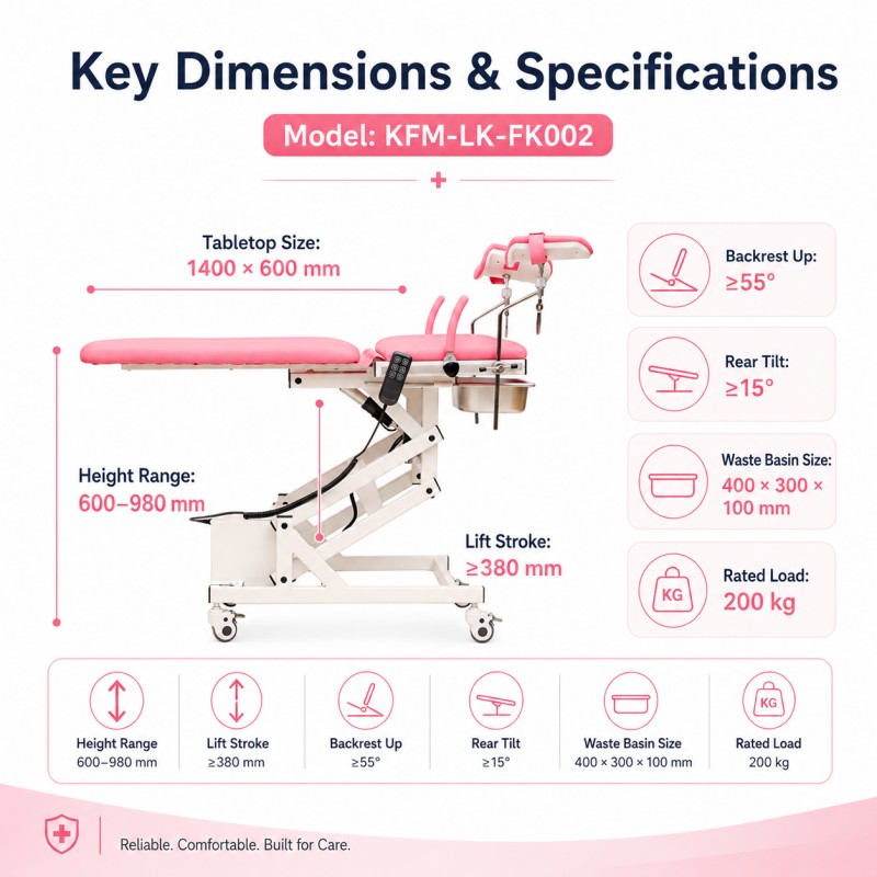 KFM-LK-FK002 medical examination table with soft foam pink mattress, anti-static and antibacterial surface, easy to clean, comfortable for patients