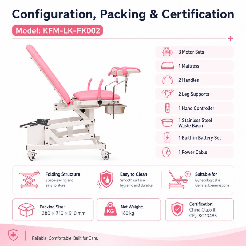 KFM-LK-FK002 folding electric gynecological examination table with pink mattress, 3-motor adjustment, 200 kg load capacity, adjustable leg supports and hidden stainless steel basin